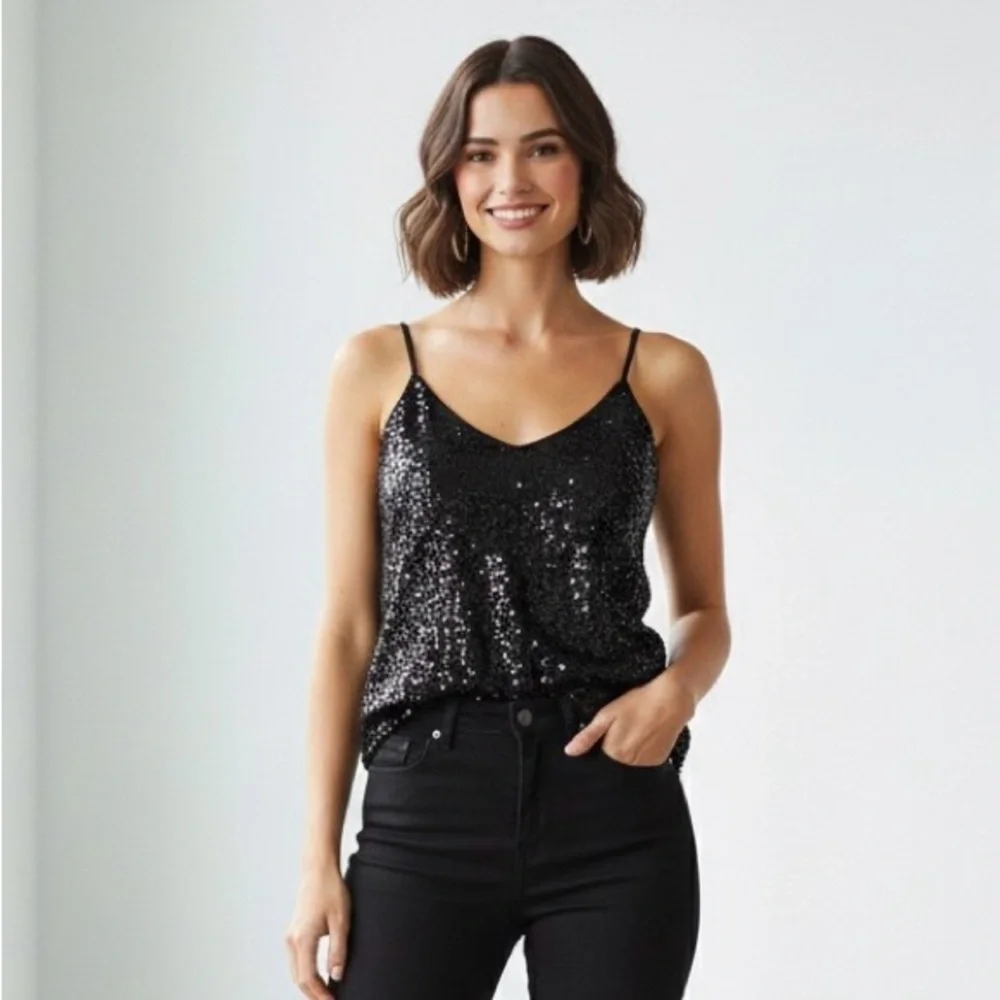 J.Crew black sequins-decorated camisole, adjustable straps, festive, size Small
